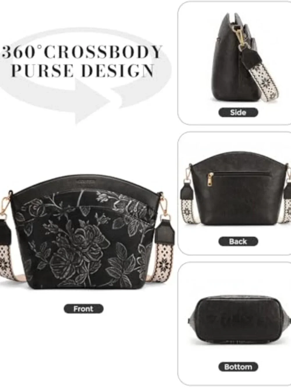 Vegan Leather Crossbody Bag with Boho Strap, Embossed Floral Purse